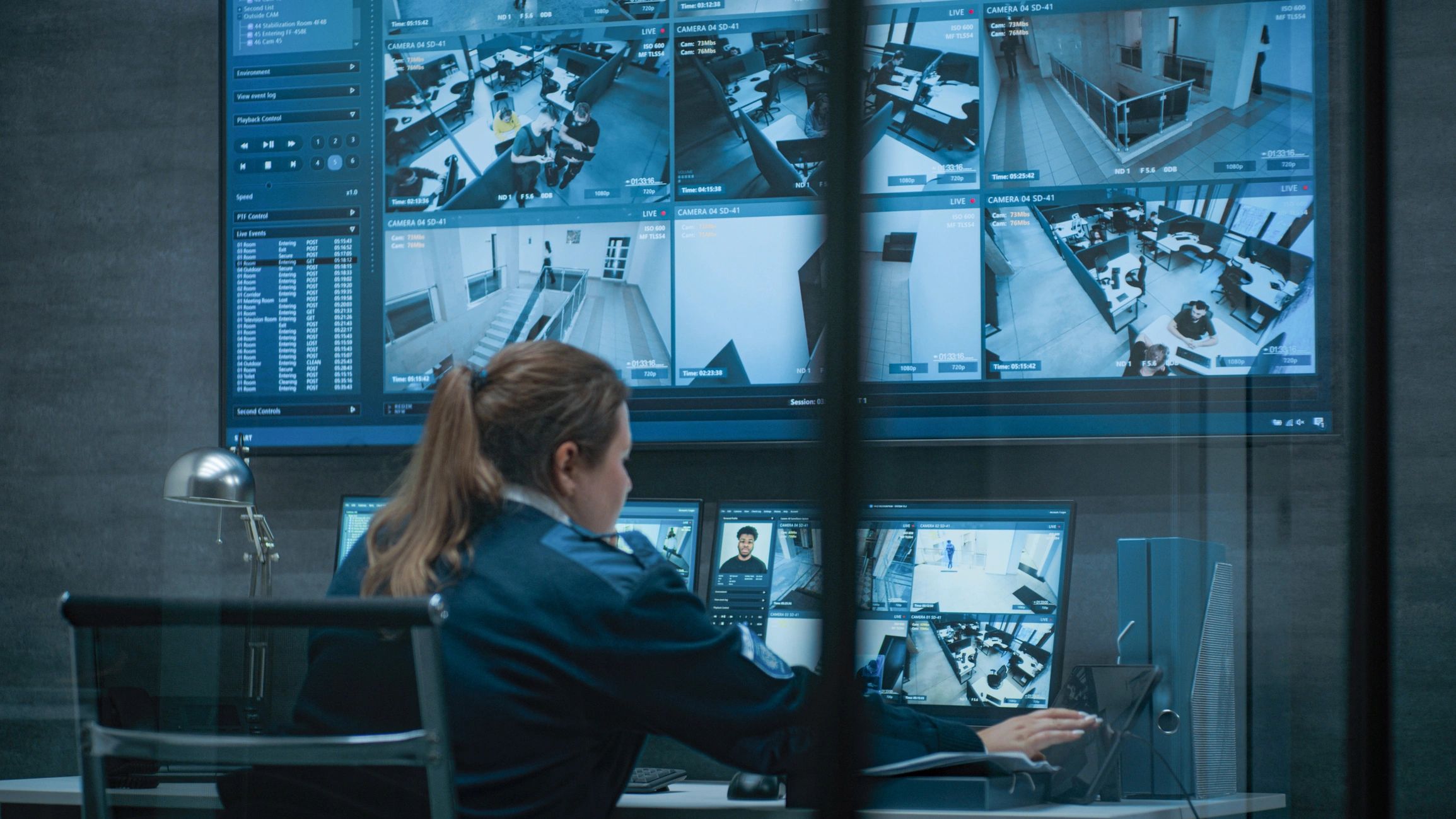 Security operator monitoring camera feeds